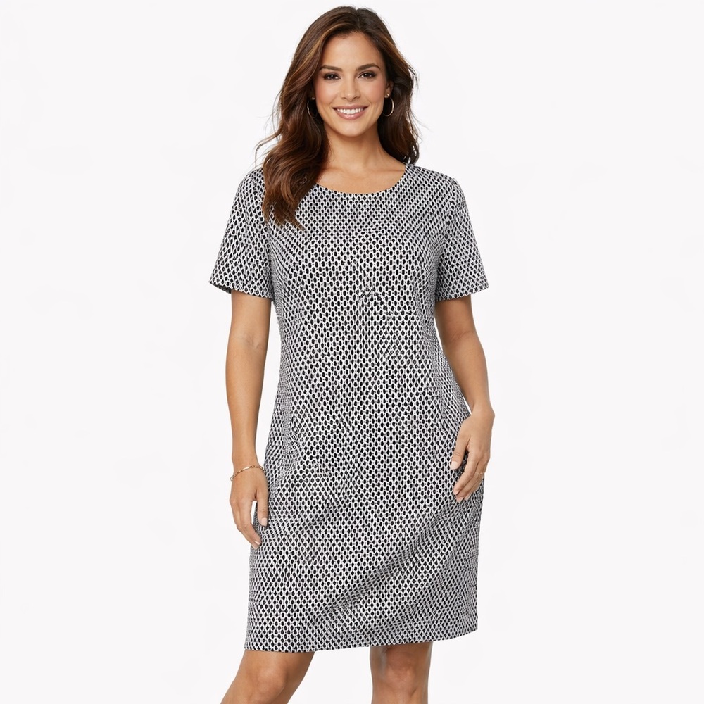 Calvin Klein black and white patterned knit shift dress.